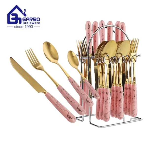 Hot Selling Pink Marble Gold Stainless Steel Cutlery Set of 24 with Metal Rack 48 11zon 600x600